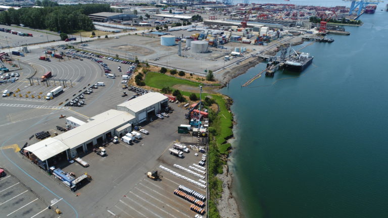 Aerial image of the salt marsh adjacent to industrial lots at the Port of Tacoma